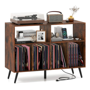 Record Player Stand with Charging Station and Open Shelves-Rustic Brown