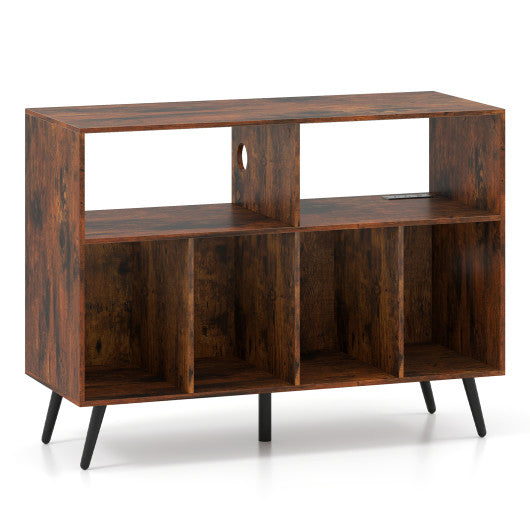 Record Player Stand with Charging Station and Open Shelves-Rustic Brown