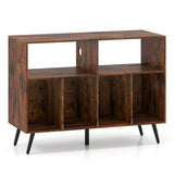 Record Player Stand with Charging Station and Open Shelves-Rustic Brown