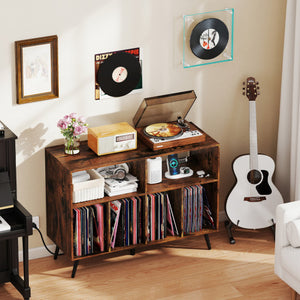 Record Player Stand with Charging Station and Open Shelves-Rustic Brown