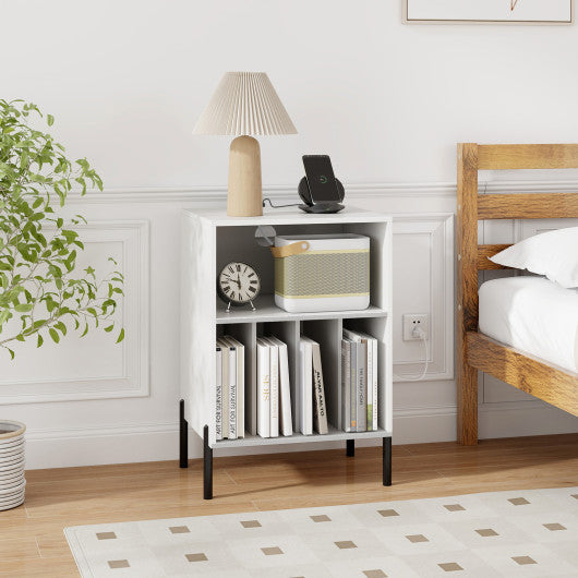 Record Player Stand with Record Storage Shelf and Charging Station-White