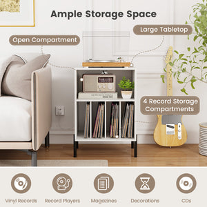 Record Player Stand with Record Storage Shelf and Charging Station-White