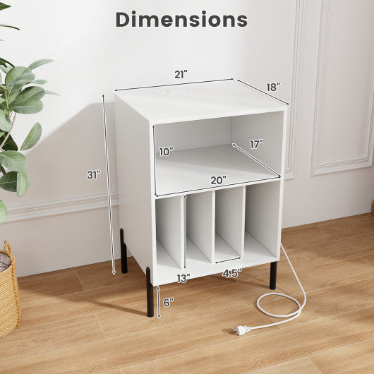 Record Player Stand with Record Storage Shelf and Charging Station-White