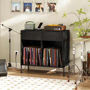 Record Player Stand with Power Outlets Double Wide Turntable Stand Vinyl Record Storage Table-Black