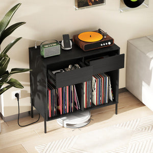 Record Player Stand with Power Outlets Double Wide Turntable Stand Vinyl Record Storage Table-Black