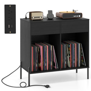 Record Player Stand with Power Outlets Double Wide Turntable Stand Vinyl Record Storage Table-Black