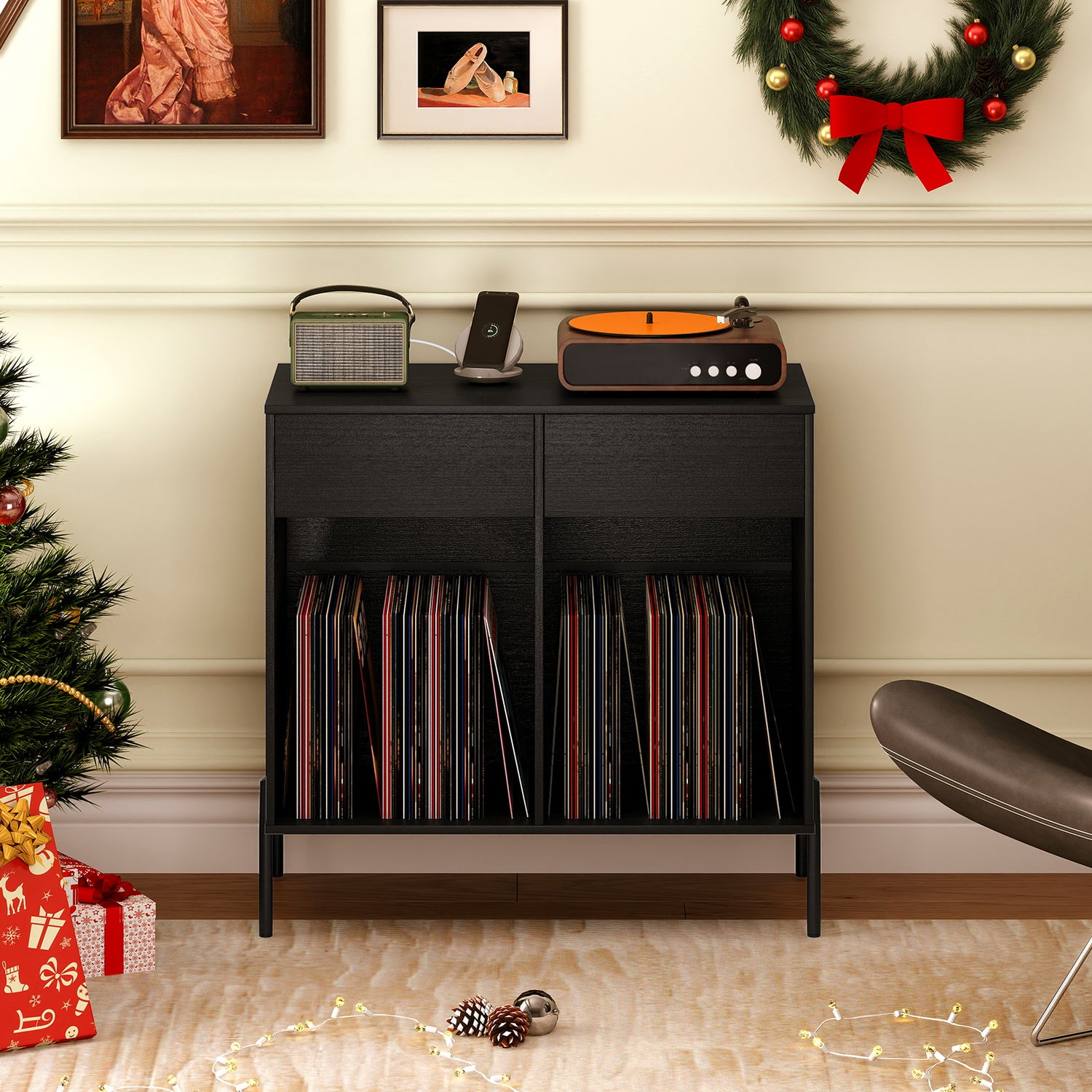 Record Player Stand with Power Outlets Double Wide Turntable Stand Vinyl Record Storage Table-Black