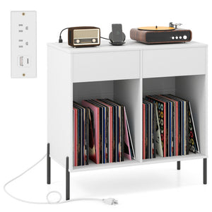 Record Player Stand with Power Outlets Double Wide Turntable Stand Vinyl Record Storage Table-White