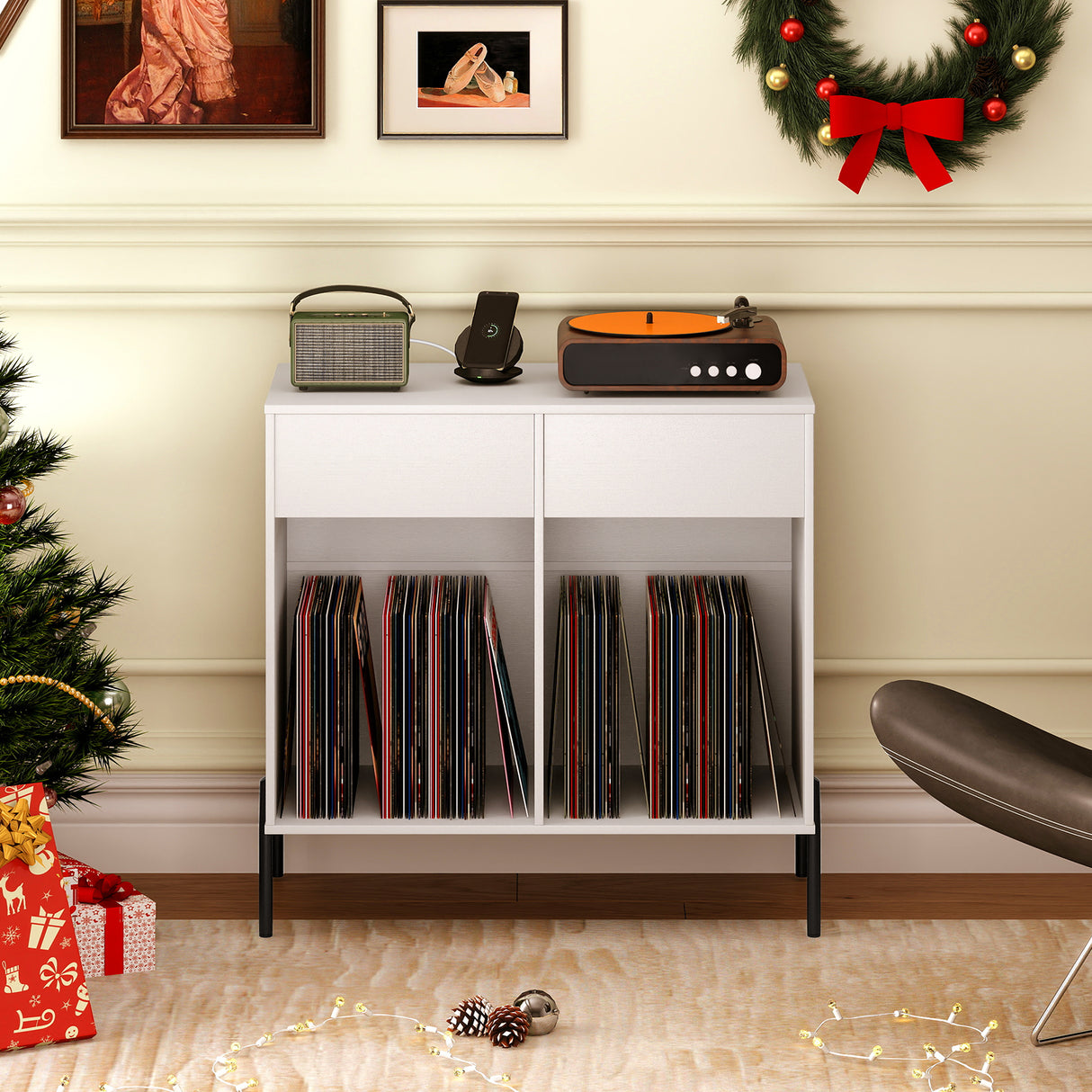 Record Player Stand with Power Outlets Double Wide Turntable Stand Vinyl Record Storage Table-White