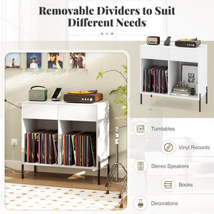 Record Player Stand with Power Outlets Double Wide Turntable Stand Vinyl Record Storage Table-White