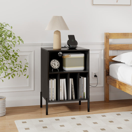 Record Player Stand with Record Storage Shelf and Charging Station-Black