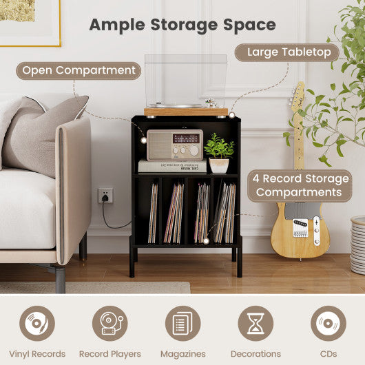 Record Player Stand with Record Storage Shelf and Charging Station-Black