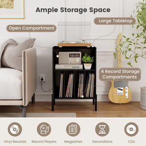 Record Player Stand with Record Storage Shelf and Charging Station-Black