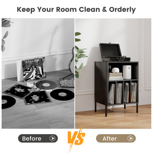 Record Player Stand with Record Storage Shelf and Charging Station-Black