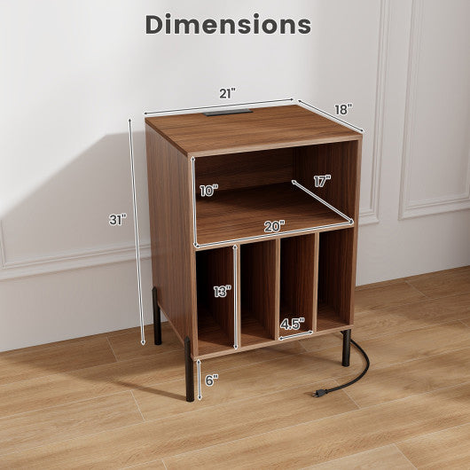 Record Player Stand with Record Storage Shelf and Charging Station-Walnut