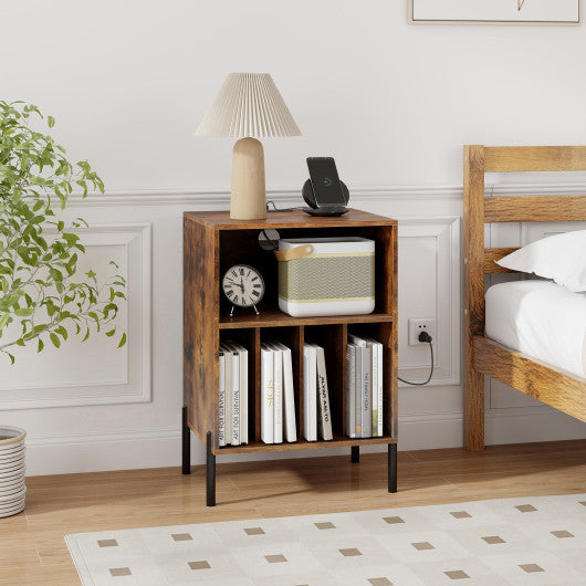 Record Player Stand with Record Storage Shelf and Charging Station-Coffee