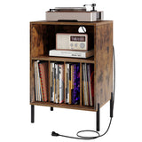 Record Player Stand with Record Storage Shelf and Charging Station-Coffee