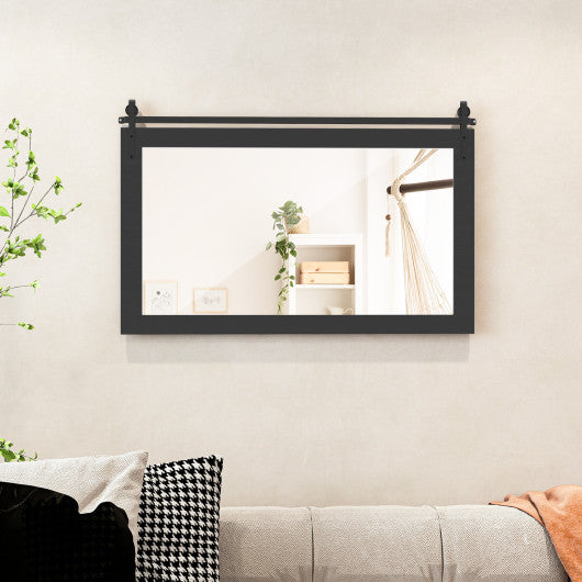 Rectangle Barn Door Style Wall Mounted Mirror with Solid Wood Frame-Black
