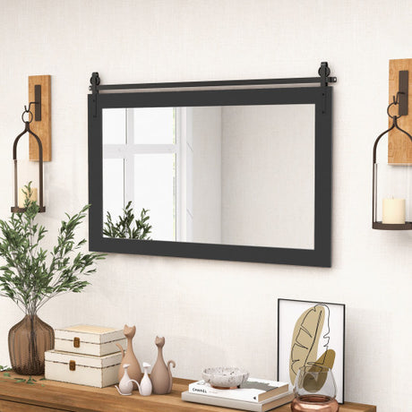 Rectangle Barn Door Style Wall Mounted Mirror with Solid Wood Frame-Black