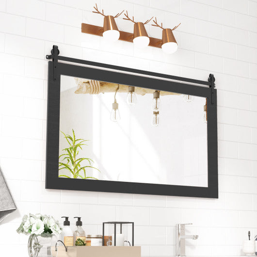 Rectangle Barn Door Style Wall Mounted Mirror with Solid Wood Frame-Black