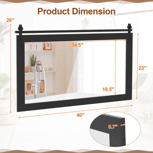Rectangle Barn Door Style Wall Mounted Mirror with Solid Wood Frame-Black