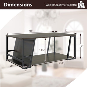 Rectangle Coffee Table 2-tier Industrial Accent Table with Storage Shelf and Compartment-Brown