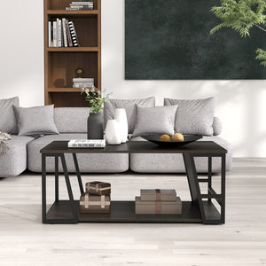 Rectangle Coffee Table 2-tier Industrial Accent Table with Storage Shelf and Compartment-Brown