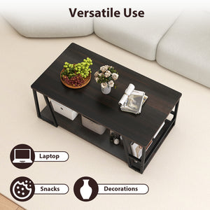 Rectangle Coffee Table 2-tier Industrial Accent Table with Storage Shelf and Compartment-Brown