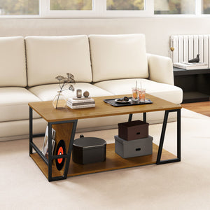 Rectangle Coffee Table 2-tier Industrial Accent Table with Storage Shelf and Compartment-Natural