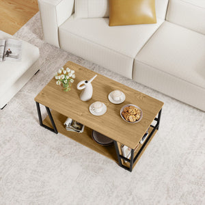 Rectangle Coffee Table 2-tier Industrial Accent Table with Storage Shelf and Compartment-Natural