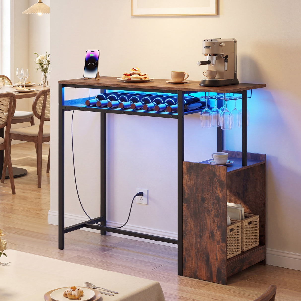 Rectangular Bar Table with Charging Station and LED Light-Rustic Brown