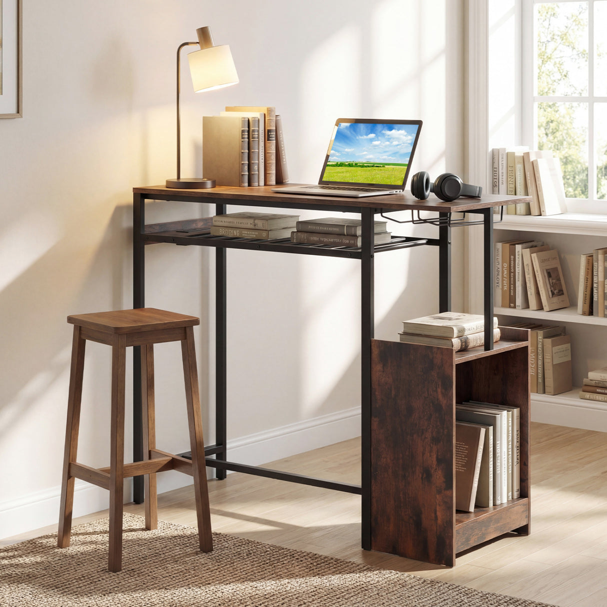 Rectangular Bar Table with Charging Station and LED Light-Rustic Brown
