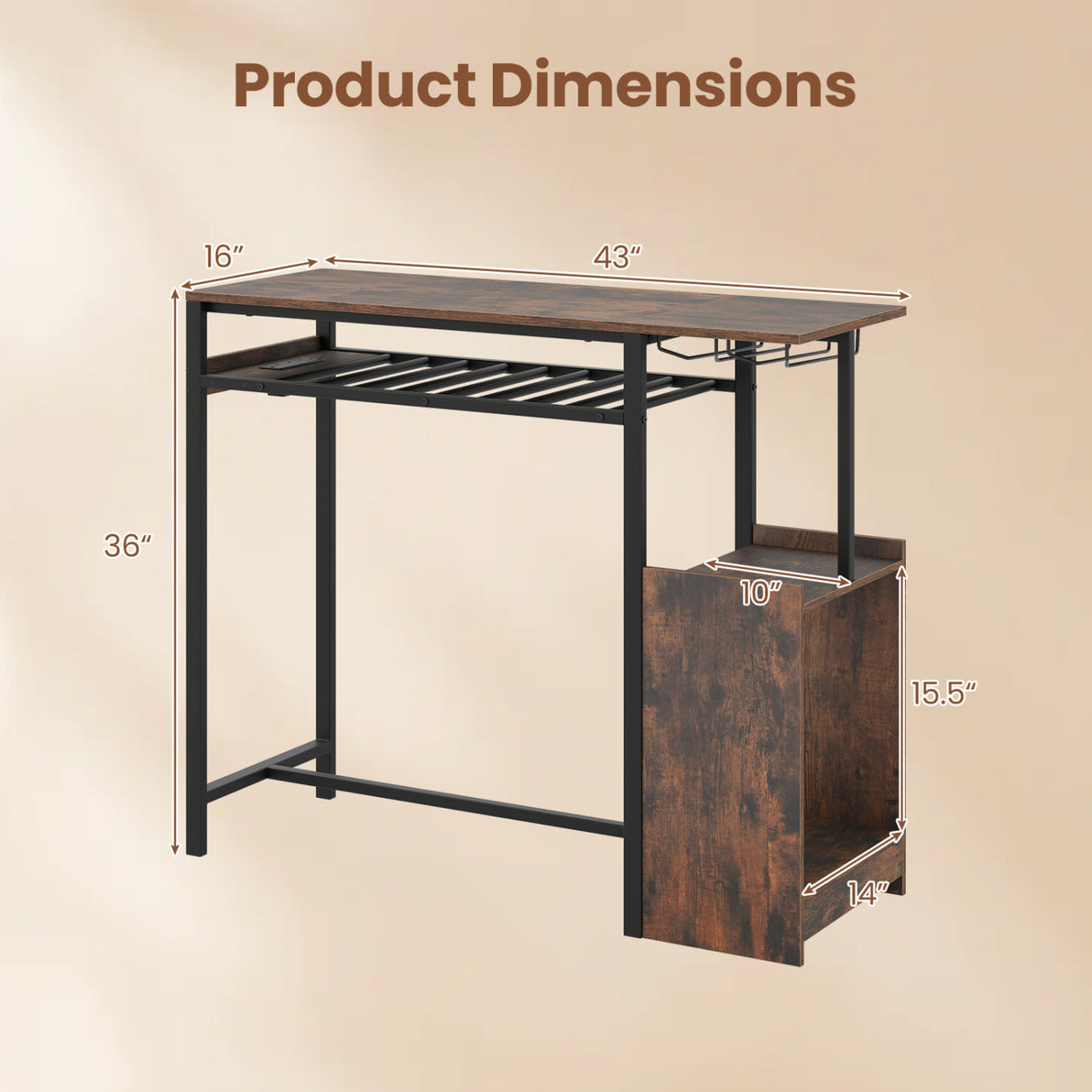 Rectangular Bar Table with Charging Station and LED Light-Rustic Brown