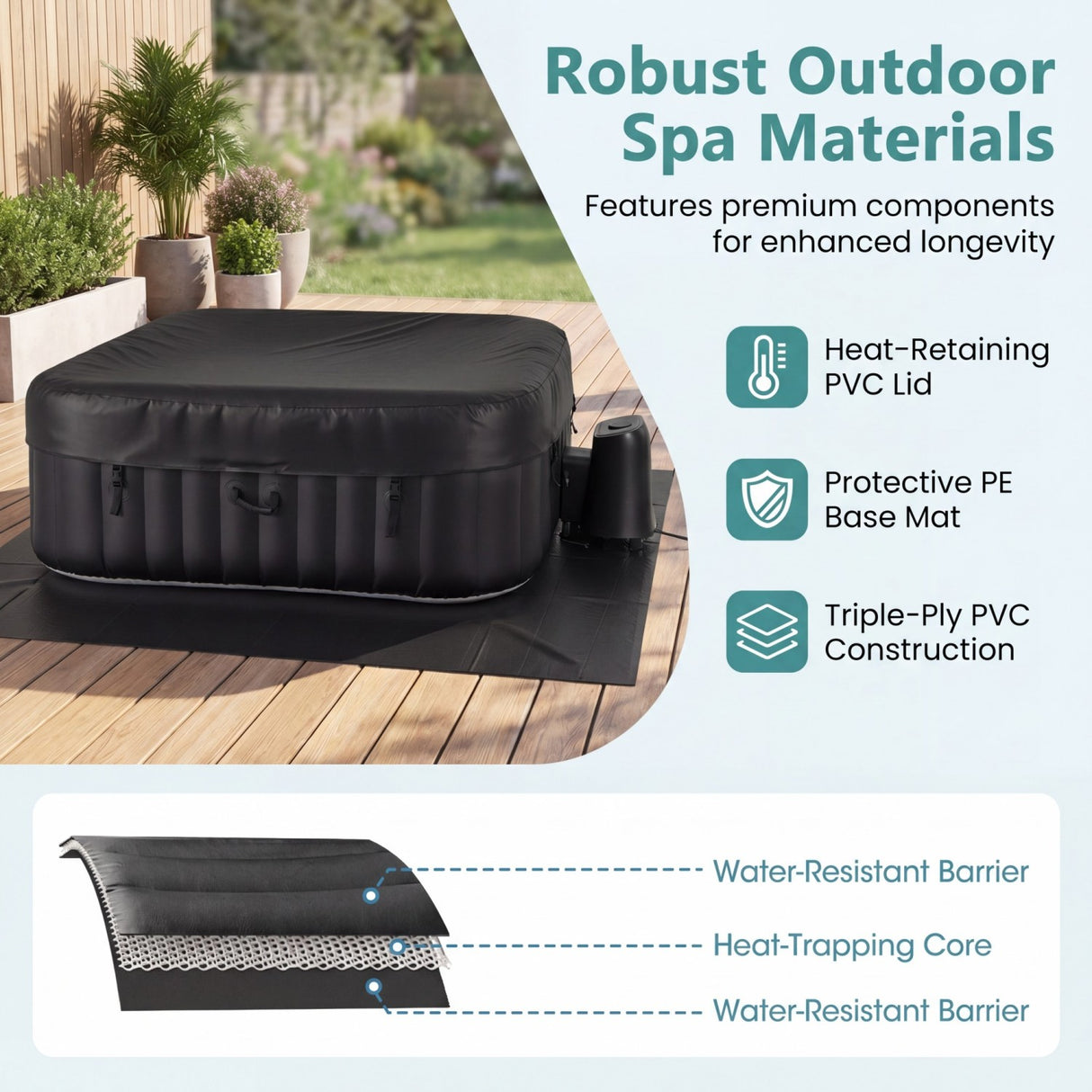 Rectangular Blowup Pool Hottub with 130 Air Jets for 4-6 Person-Black