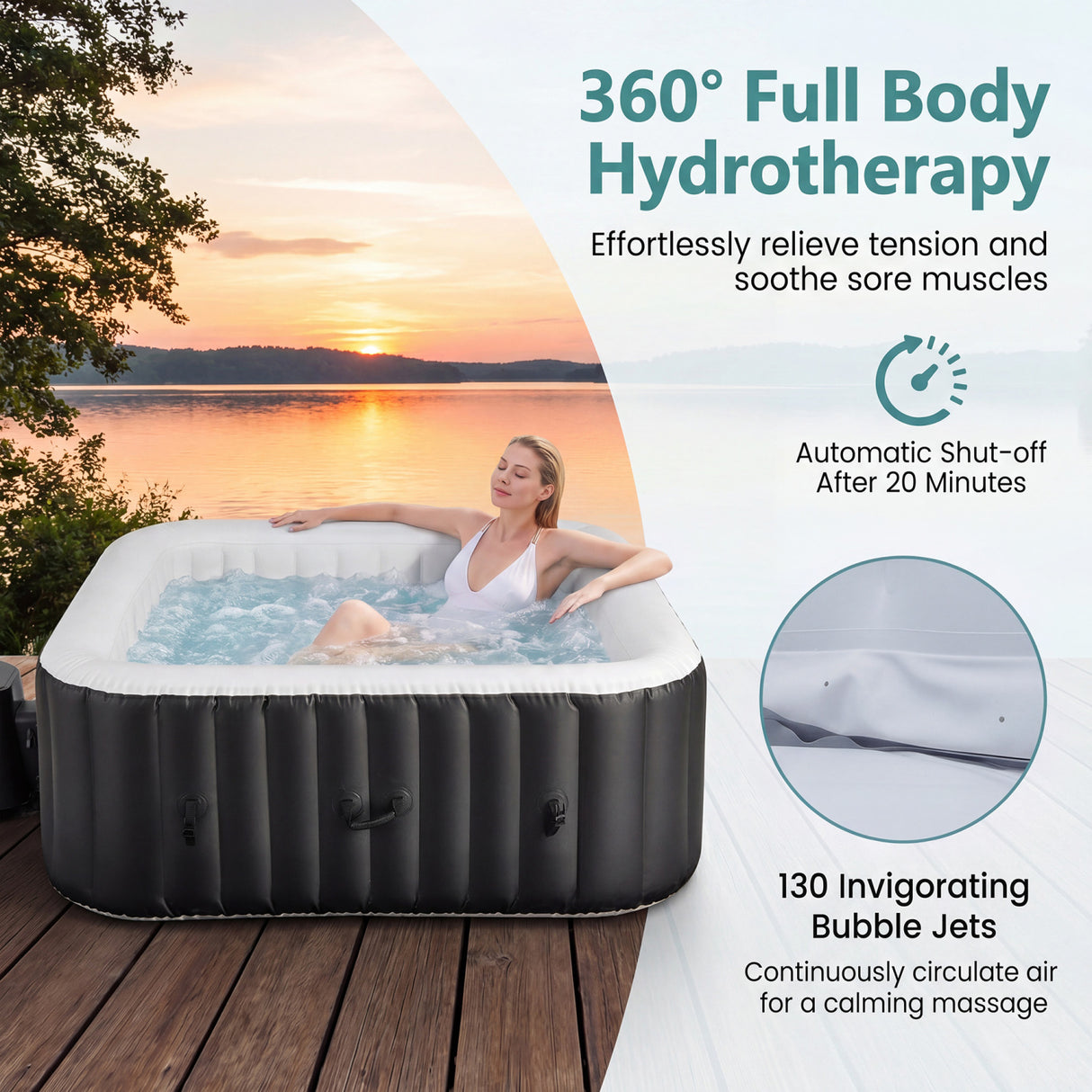 Rectangular Blowup Pool Hottub with 130 Air Jets for 4-6 Person-Black