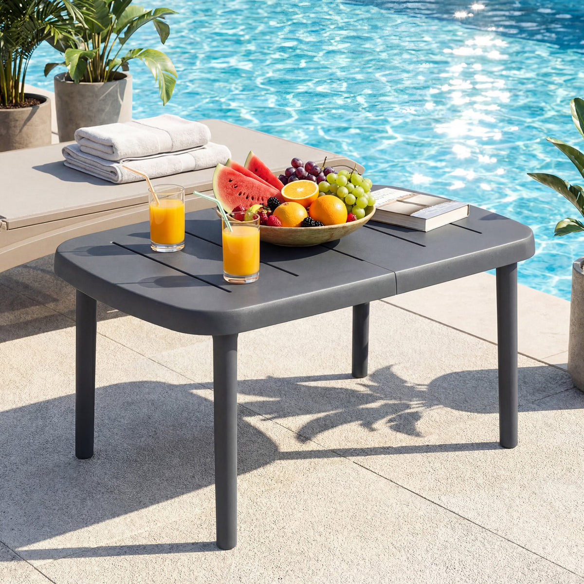 Rectangular Patio Storage Side Table with Aluminum Alloy Rods for Poolside-Gray