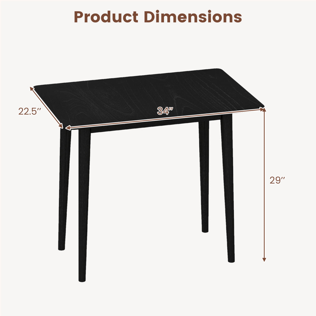 Rectangular Wooden Dining Table for 2-4 34 Inch Farmhouse Solid Wood Kitchen Table-Black