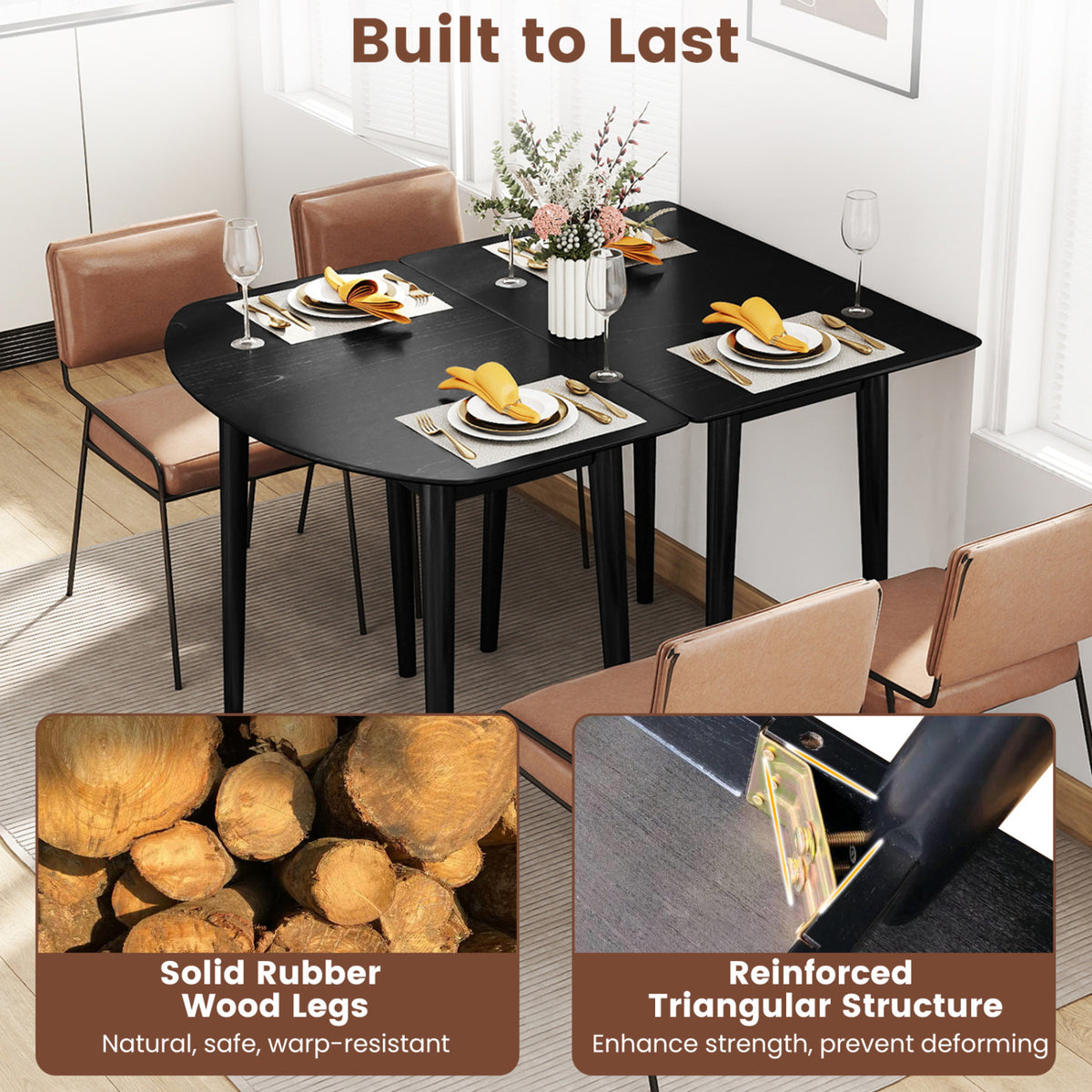 Rectangular Wooden Dining Table for 2-4 34 Inch Farmhouse Solid Wood Kitchen Table-Black