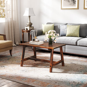 Solid Wood Patio Table with Slatted Tabletop for Garden Lawn Porch Balcony Poolside Living Room-Brown