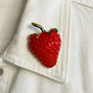 Red Strawberry Brooch | 1.4" Pin in Metal Alloy with Gold Finish