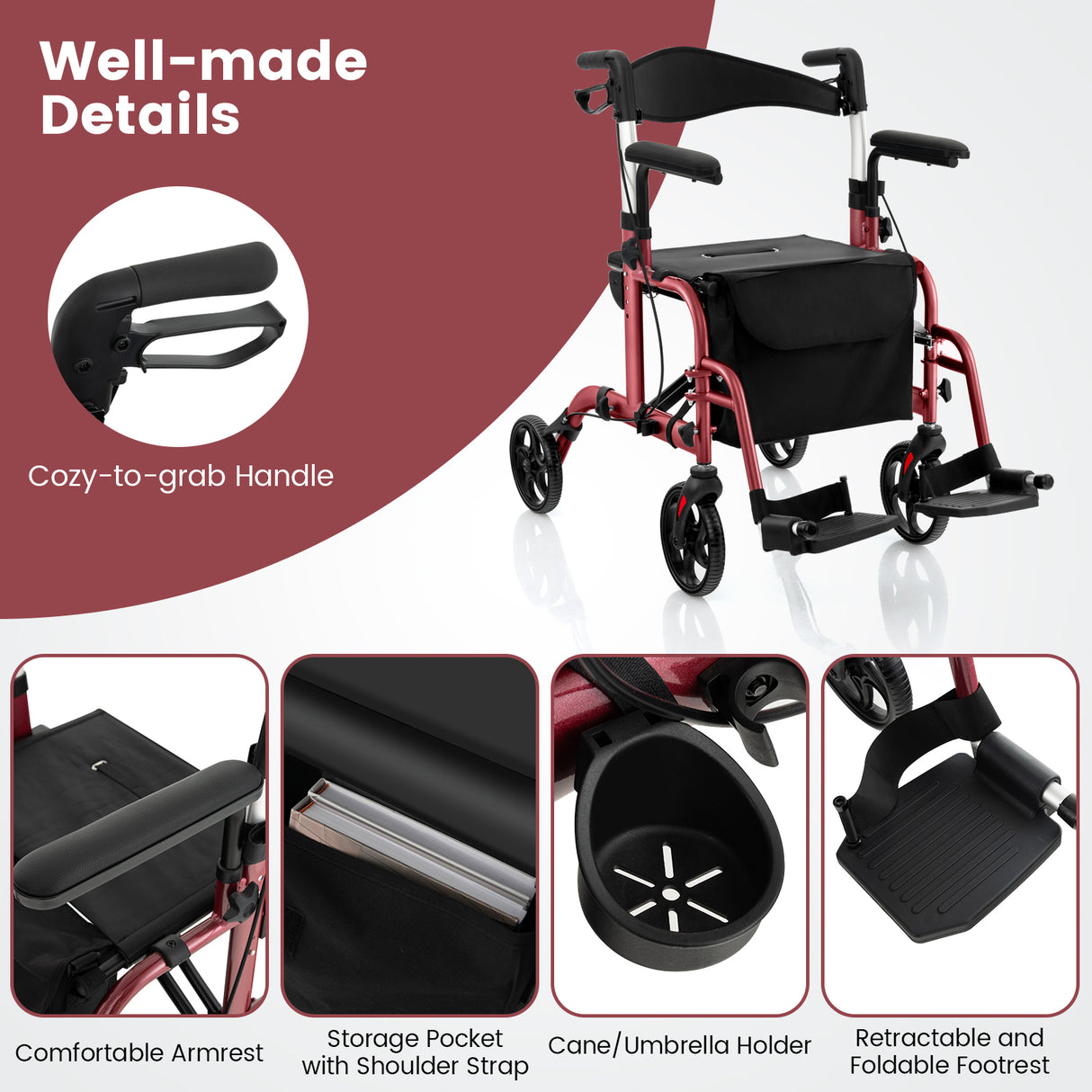 Folding Rollator Walker with Seat and Wheels Supports up to 300 lbs-Black