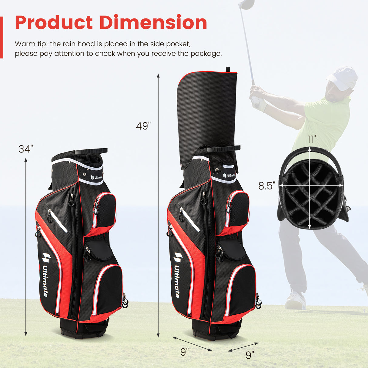 Golf Cart Bag with 14 Way Top Dividers-Red