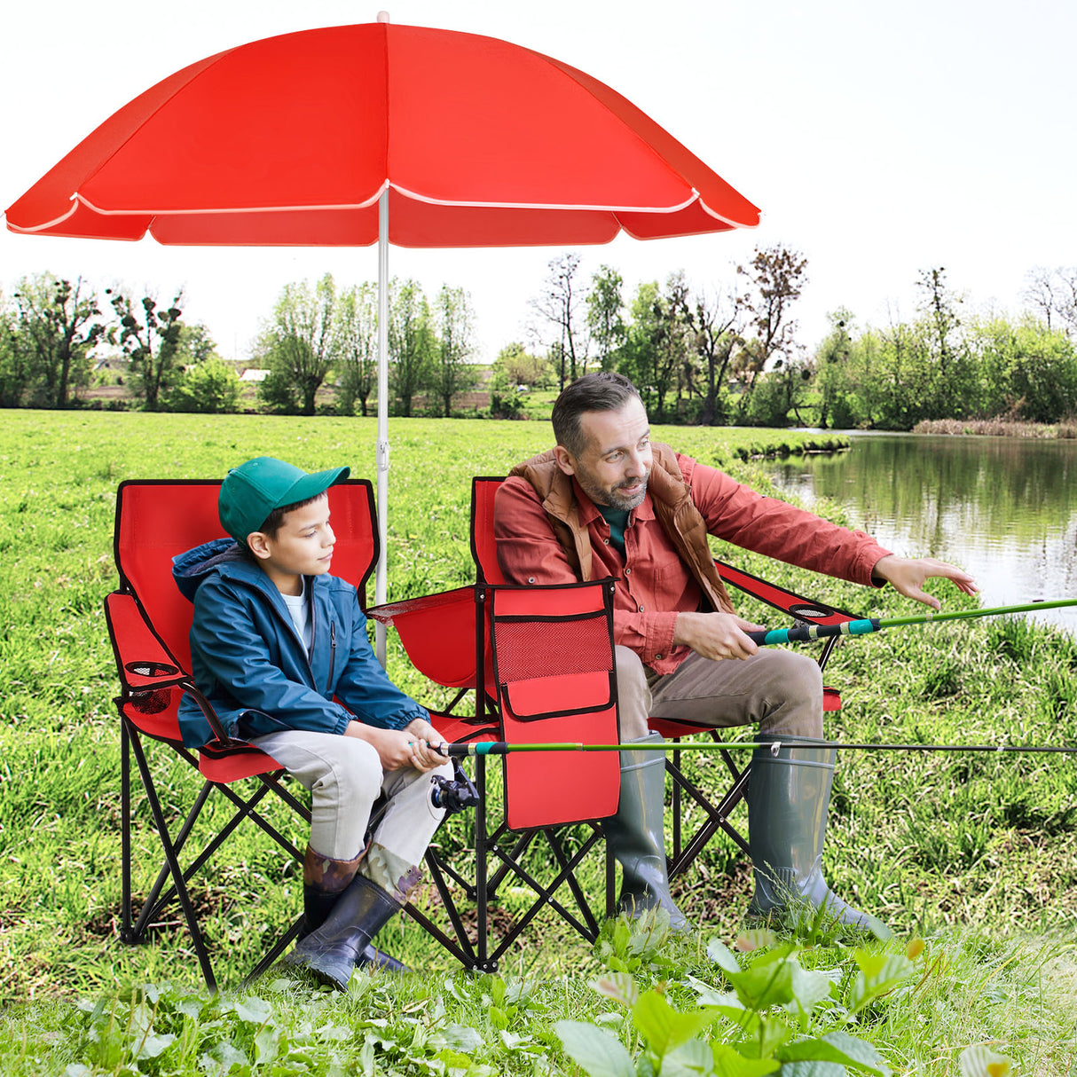 Portable Folding Picnic Double Chair with Umbrella-Blue