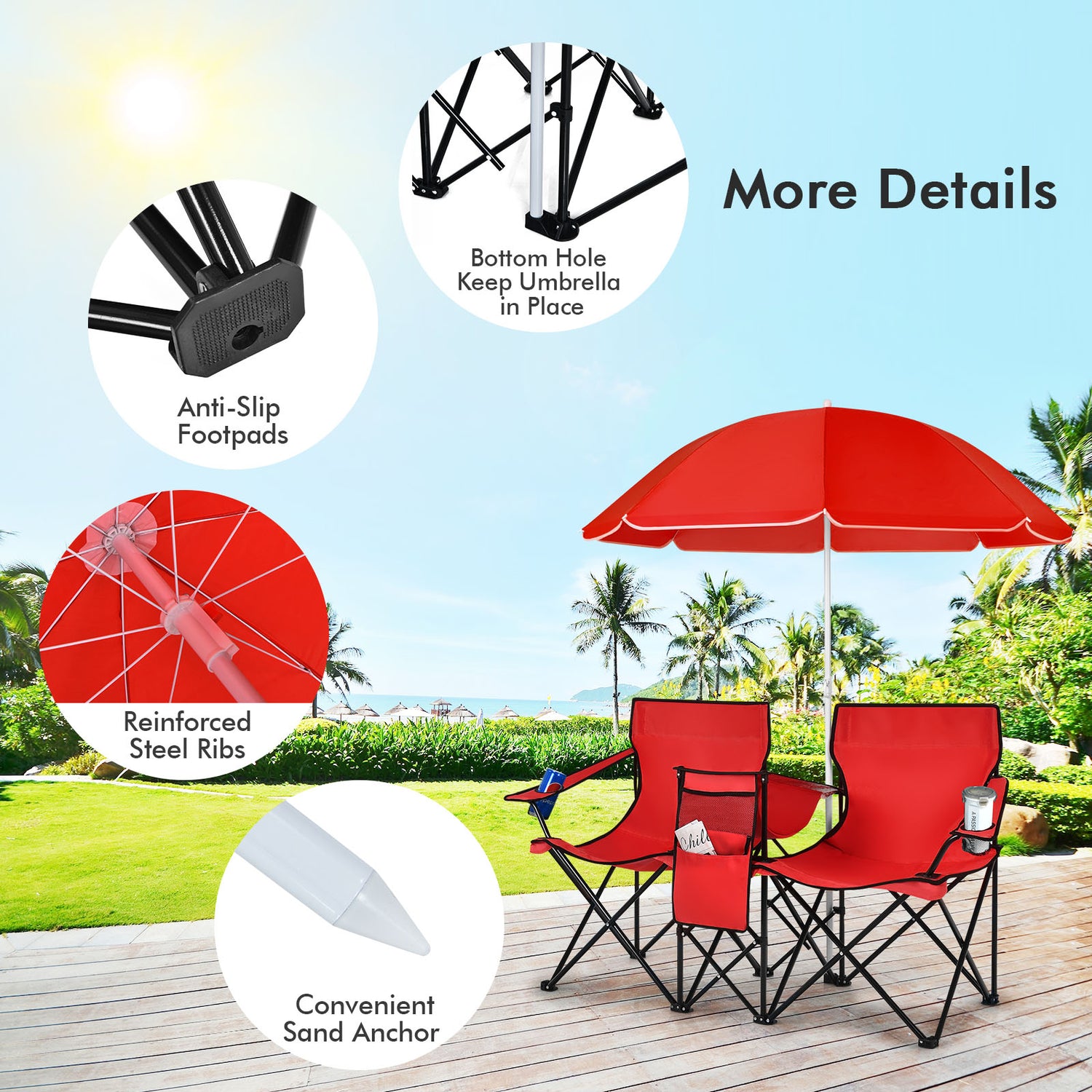 Portable Folding Picnic Double Chair with Umbrella-Blue