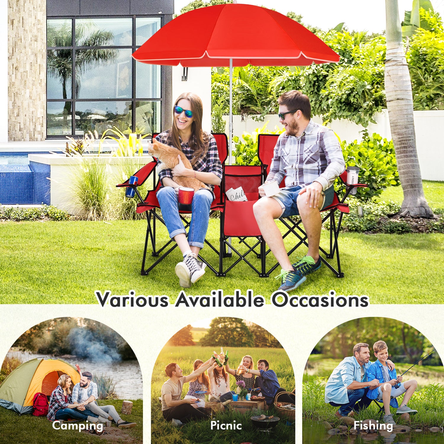 Portable Folding Picnic Double Chair with Umbrella-Blue