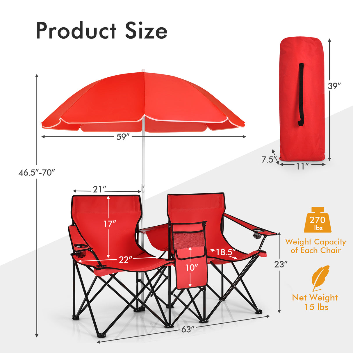 Portable Folding Picnic Double Chair with Umbrella-Blue