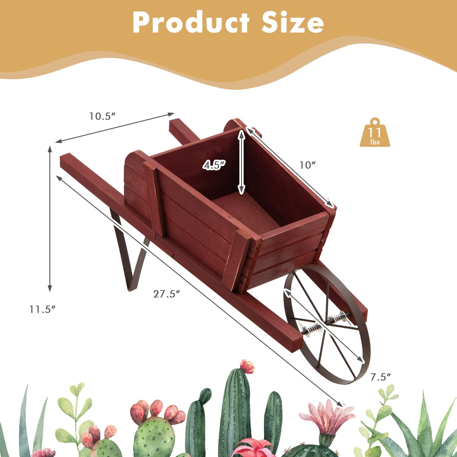 Wooden Wagon Planter with 9 Magnetic Accessories for Garden Yard-Walnut
