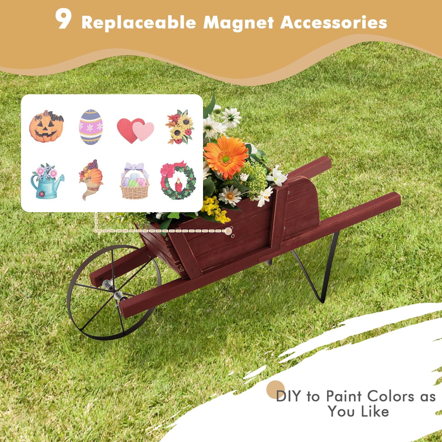 Wooden Wagon Planter with 9 Magnetic Accessories for Garden Yard-Walnut
