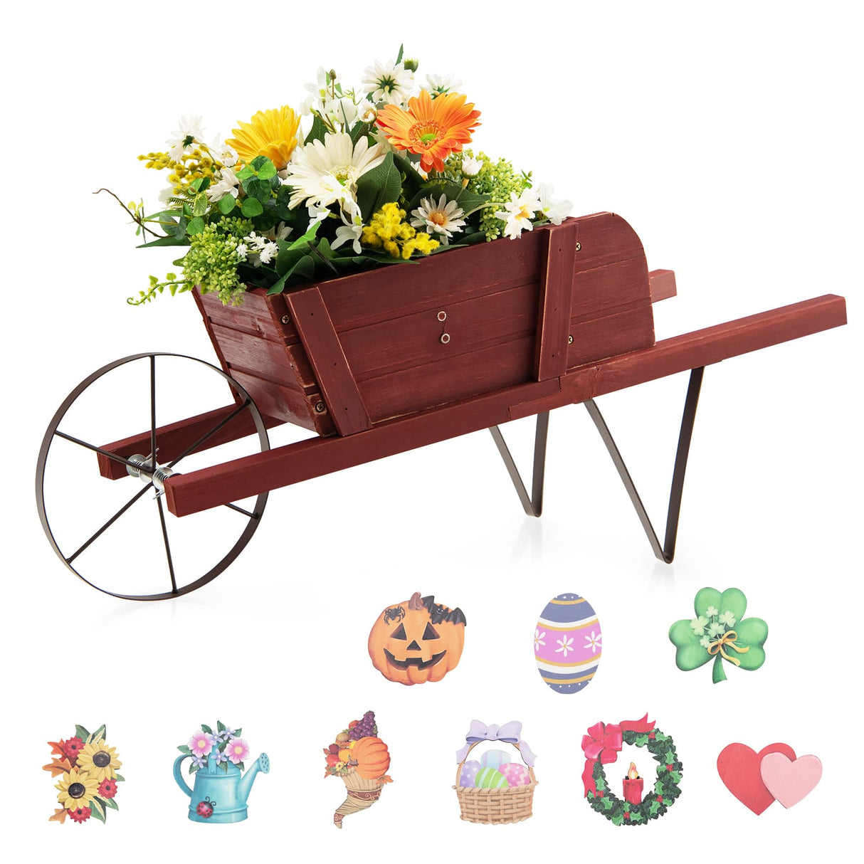 Wooden Wagon Planter with 9 Magnetic Accessories for Garden Yard-Walnut