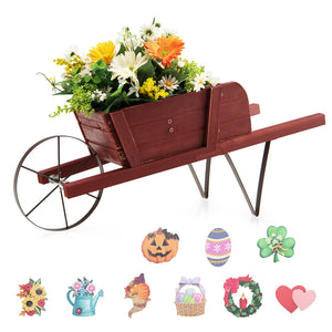 Wooden Wagon Planter with 9 Magnetic Accessories for Garden Yard-Walnut